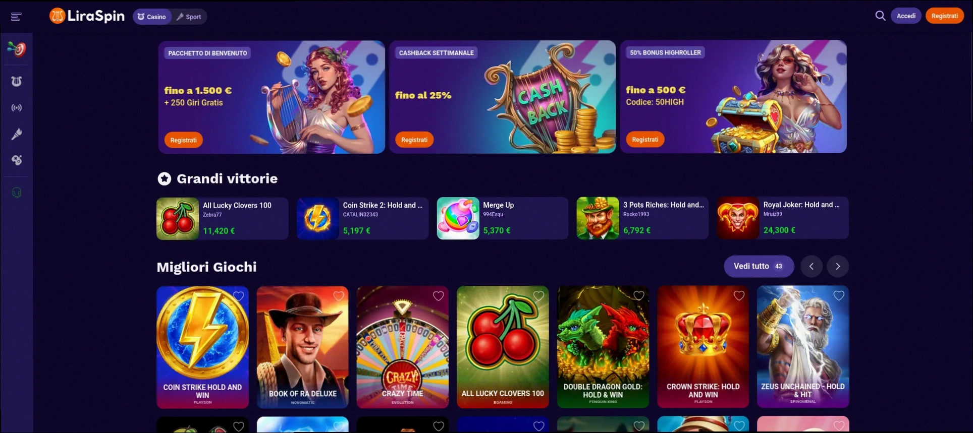 Liraspin Casino Del 100% fino a 1.500 € più 250 Giri Gratuiti